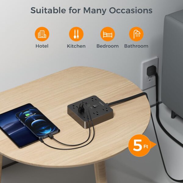 Surge Protector Flat Plug Power Strip, TESSAN Black Extension Cord - Image 5