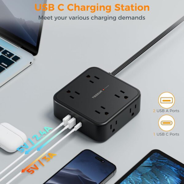 Surge Protector Flat Plug Power Strip, TESSAN Black Extension Cord - Image 2