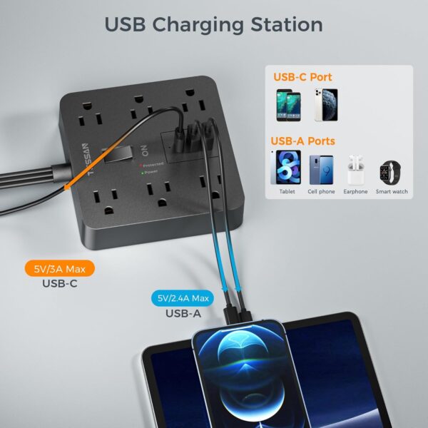 Surge Protector Flat Plug Power Strip, TESSAN Black Extension Cord - Image 3
