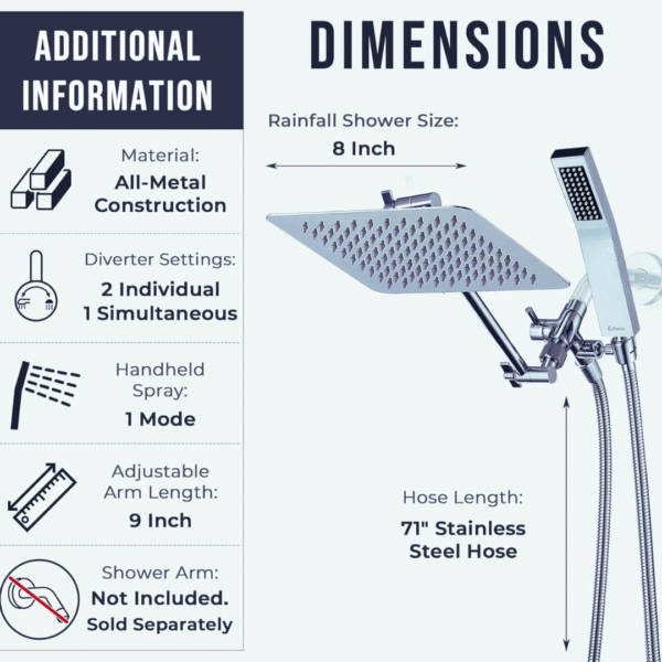 G-Promise All Metal 8 Inch Dual Square Shower Head with Handheld Spray Combo - Image 4