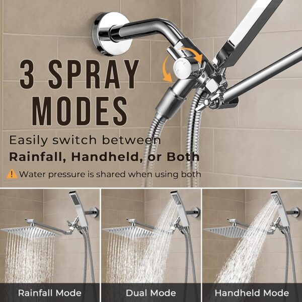 G-Promise All Metal 8 Inch Dual Square Shower Head with Handheld Spray Combo - Image 2